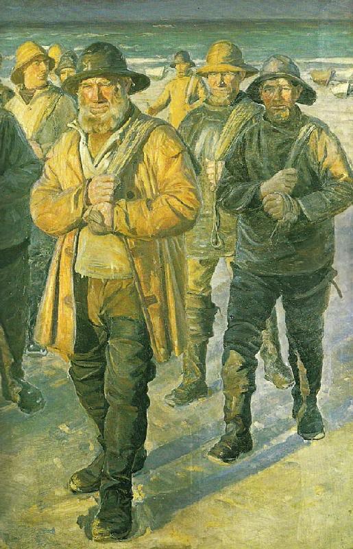 Michael Ancher fiskere pa vej hjem fra nordstranden i aftenbelysning